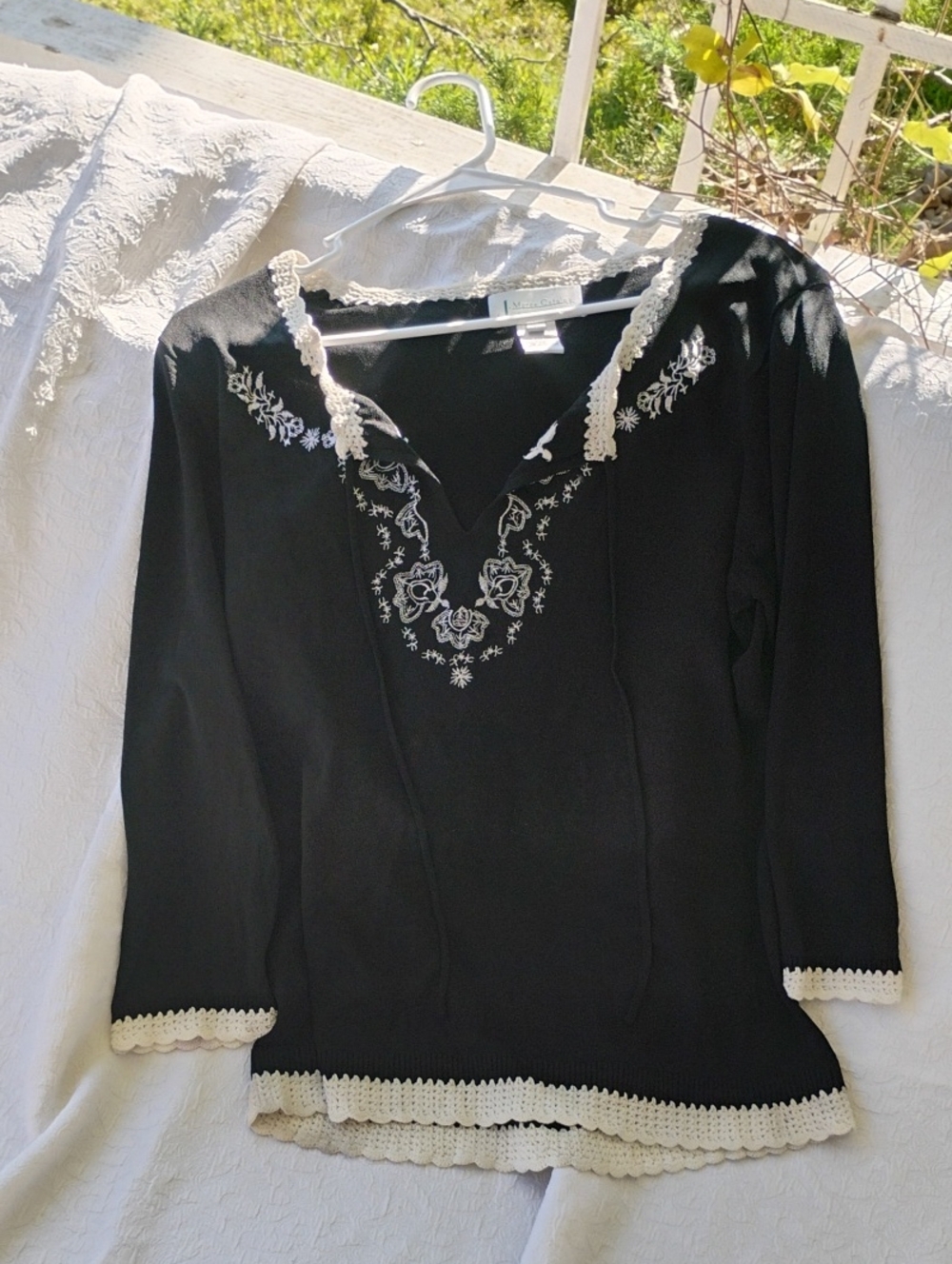 Black V-Neck Tunic with Cream Crochet & Floral Embroidery
